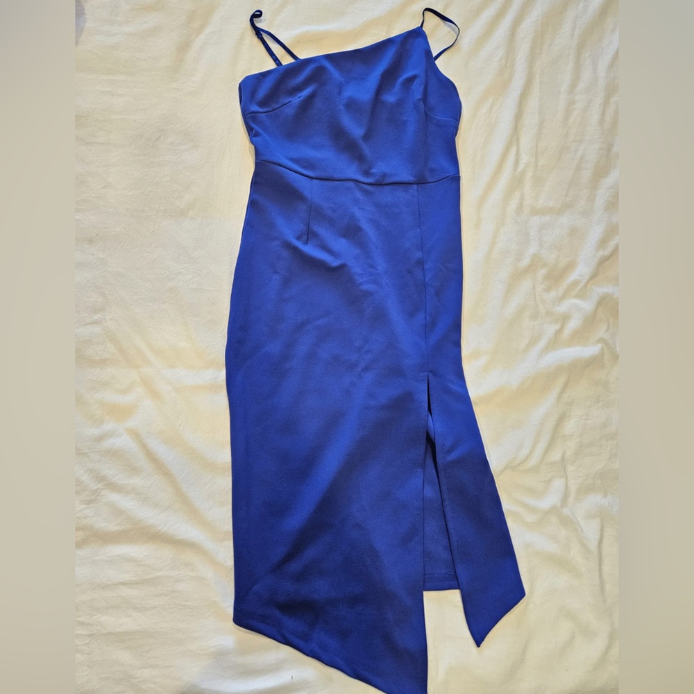 Royal Blue One Shoulder Asymmetrical Slit Midi Dress - Picture 2 of 3